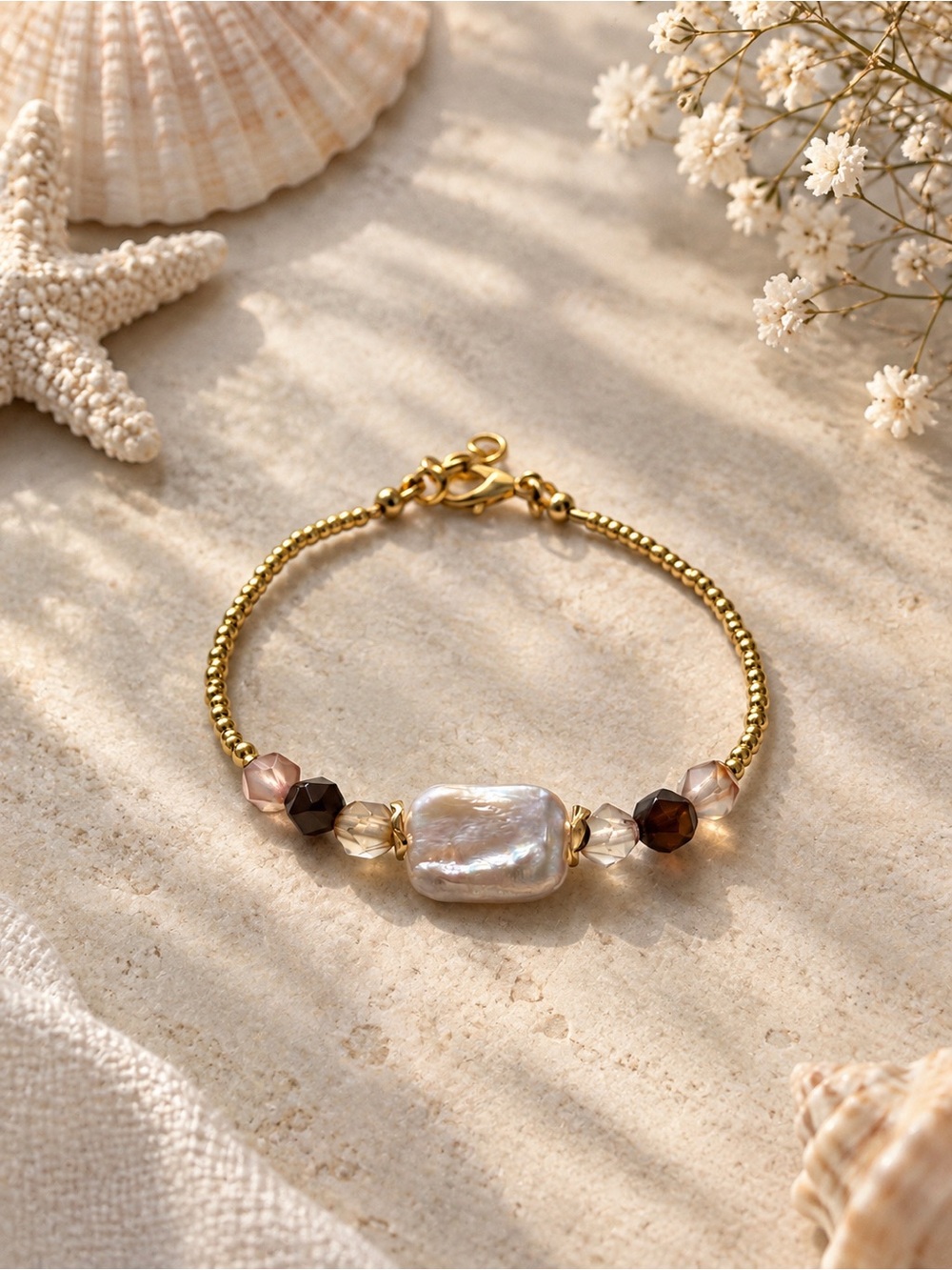 Gold Beaded Bracelet with Real Pearl Square and Brown Faceted Agate